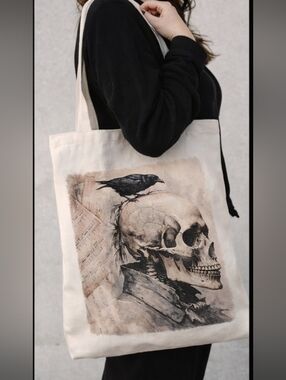 Canvas Tote Bag with Skull & Crow Artwork - Natural